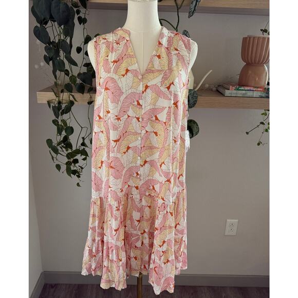Nine West XL Sleeveless Leaf Print Tiered Midi Dress Boho Feminine Flowy Chic - Picture 1 of 9